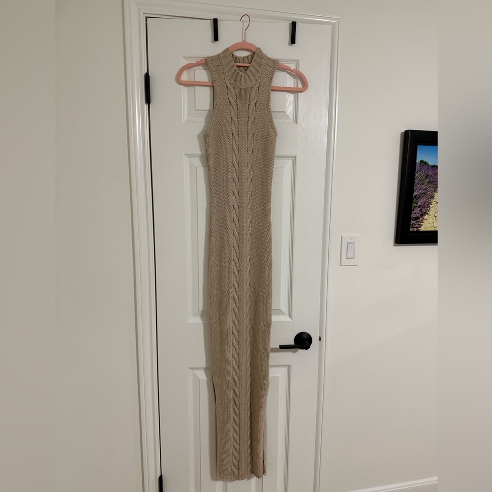 Sleeveless Cable Knit Maxi Dress in Beige |Anthropology Styled
